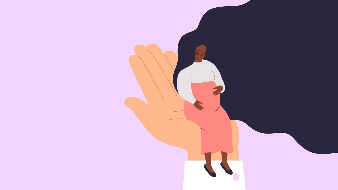 Illustration einer schwangeren Frau auf einer großen Hand sitzend
