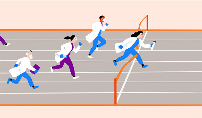 Illustration von Onkolog:innen beim Wettrennen und Zieleinlauf