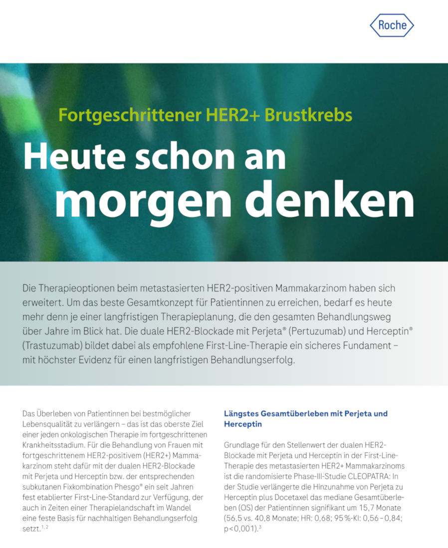  Titelseite der Publikation zeigt den Text: "Fortgeschrittener HER2+ Brustkrebs: Heute schon an morgen denken."