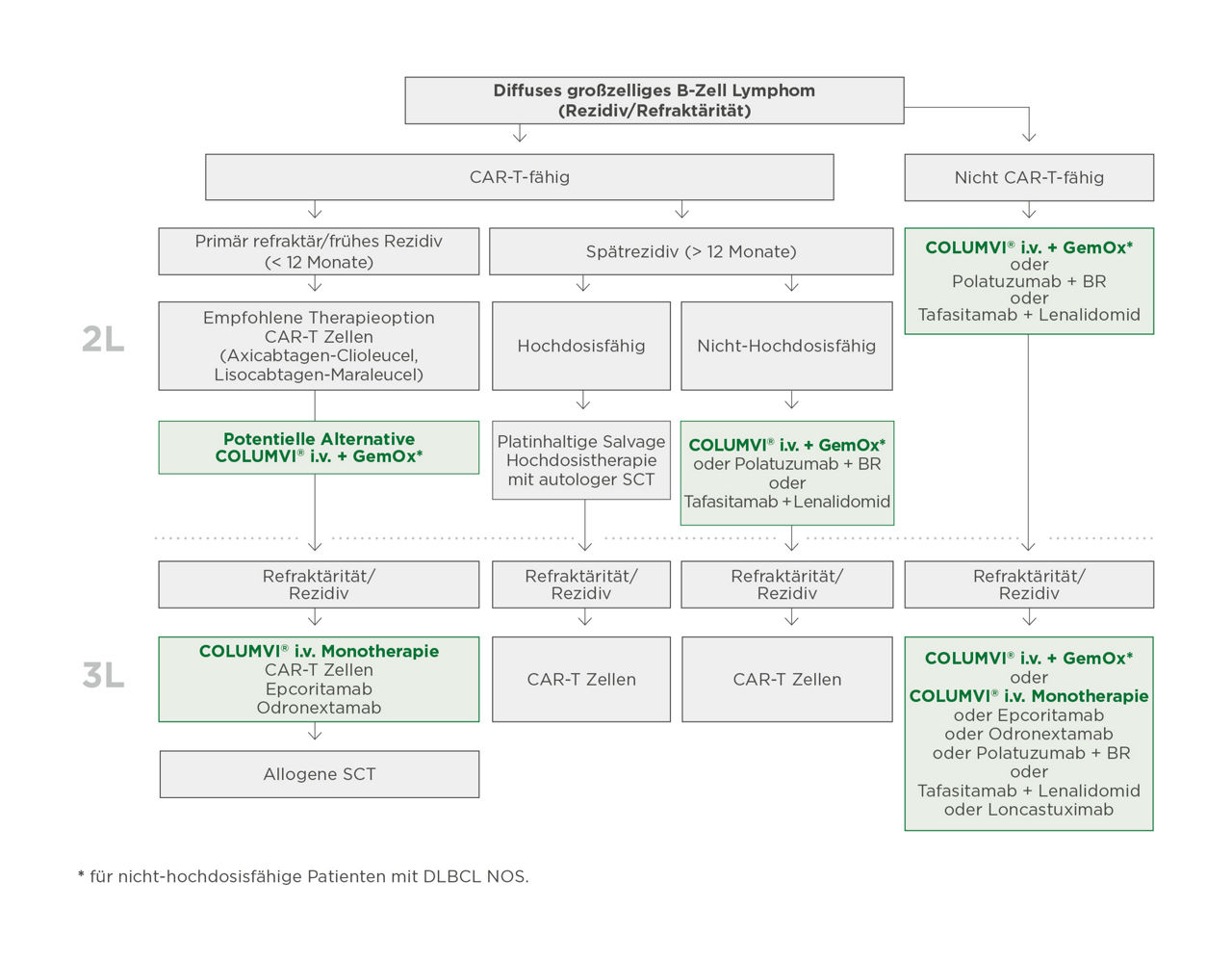 Rezidivtherapie bei diffusem großzelligem B-Zell-Lymphom (erstes und nachfolgendes Rezidiv) gemäß der Onkopedia-Leitlinie.²