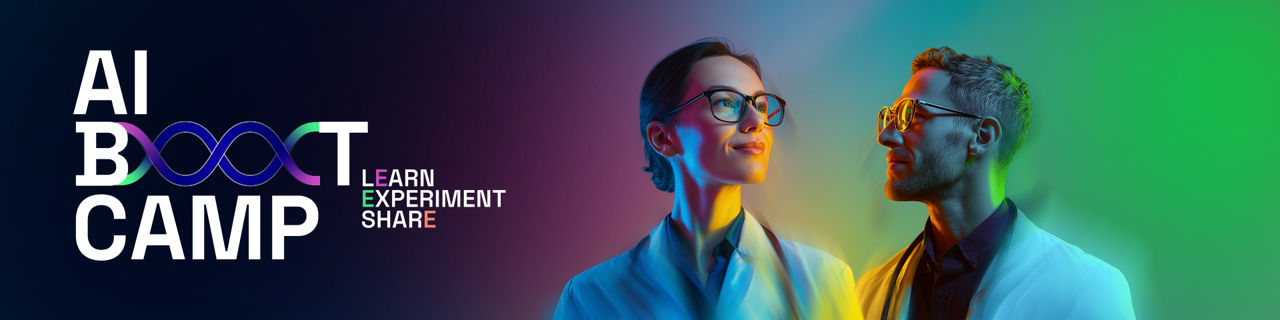 Zwei medizinische Fachpersonen vor farbigem Hintergrund; Motiv für ein AI Bootcamp zu Lernen, Experimentieren und Wissensaustausch über künstliche Intelligenz im Gesundheitswesen.