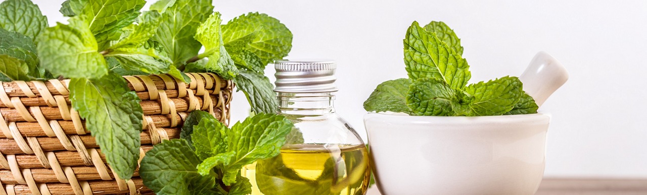 Aroma essential oil from peppermint in the bottle on the table with fresh green mint leaf