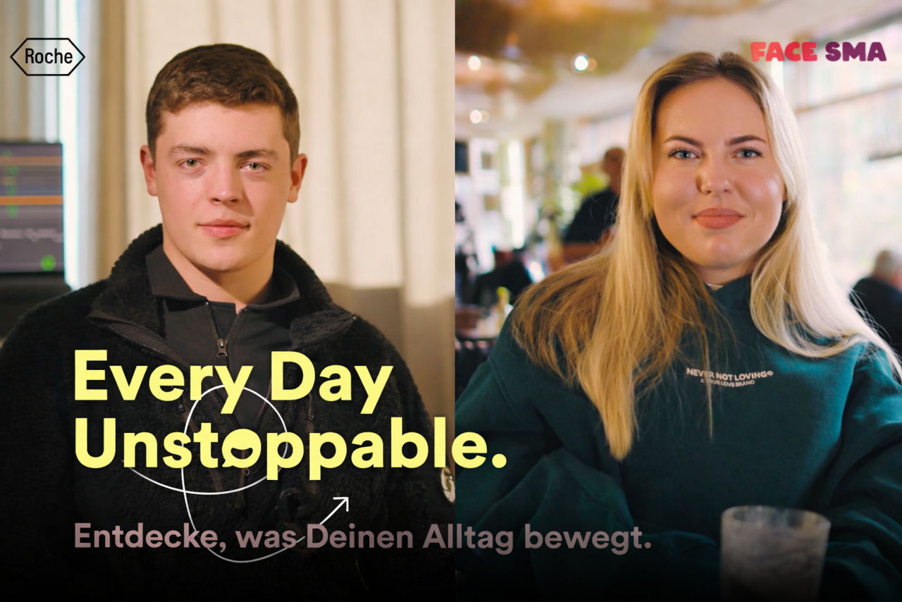 Liv und Yanis aus der FaceSMA-Kampagne Every Day Unstoppable stehen für selbstbestimmten Alltag mit SMA.