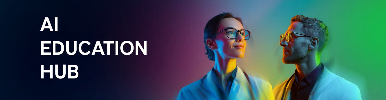 Zwei medizinische Fachpersonen vor farbigem Hintergrund; Motiv für ein AI Bootcamp zu Lernen, Experimentieren und Wissensaustausch über künstliche Intelligenz im Gesundheitswesen.