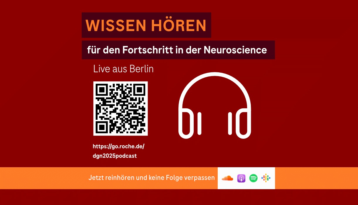 Ein QR Code zum DGN Podcast 2025 live aus Berlin und Hinweis zu diversen Streaming Diensten