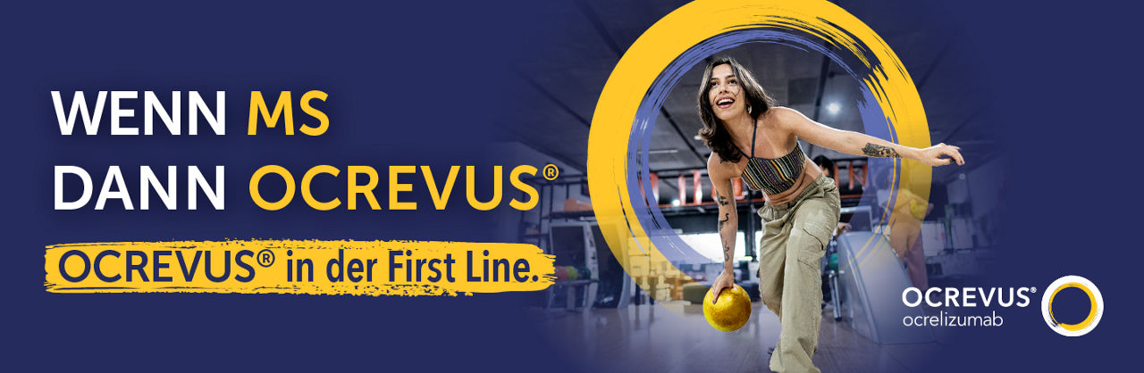 Werbebanner Ocrevus: Frau bowlt. Slogan: WENN MS DANN OCREVUS® in der First Line.