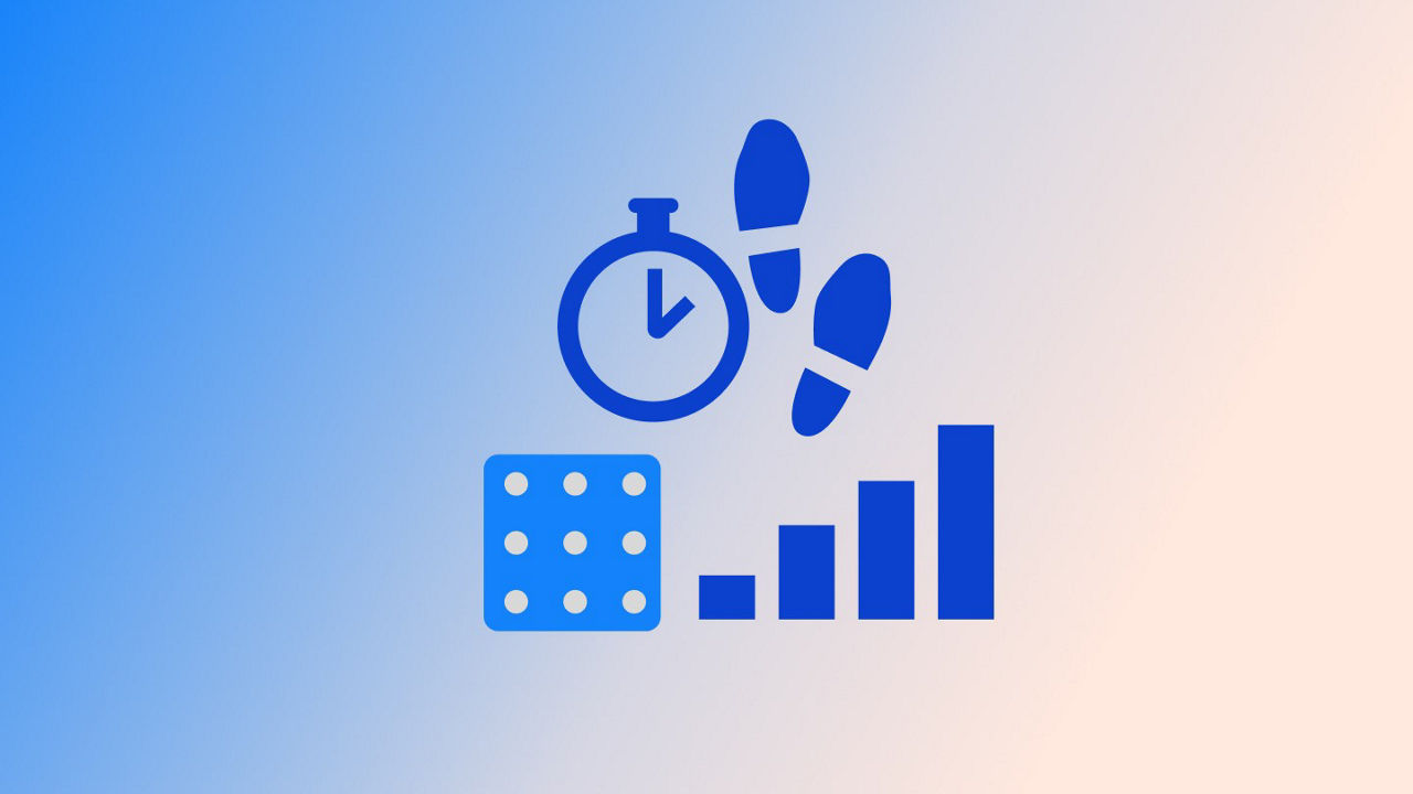 Piktogramme, die Zeitmanagement, körperliche Aktivität und Datenanalyse darstellen.