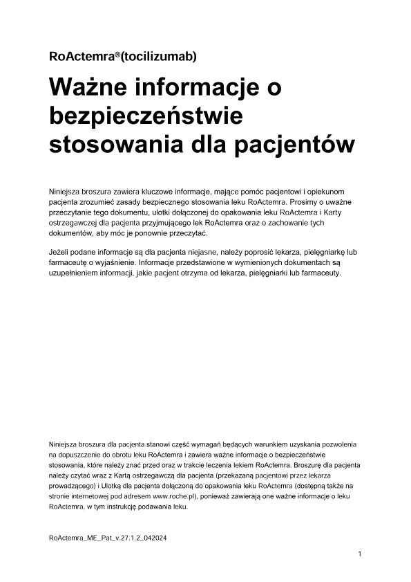 RoActemra - Broszura dla pacjenta „Ważne informacje o bezpieczeństwie stosowania dla pacjentów”