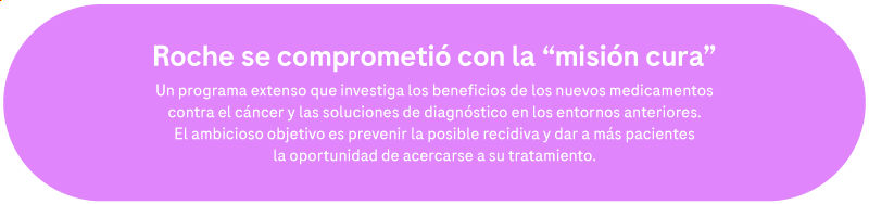 Roche se comprometió con la "misión cura". Un programa extenso que investiga los beneficios de los nuevos medicamentos contra el cáncer y las soluciones de diagnóstico en los entornos anteriores. El ambicioso objetivo es prevenir la posible recidiva y dar a más pacientes la oportunidad de acercarse a la cura.