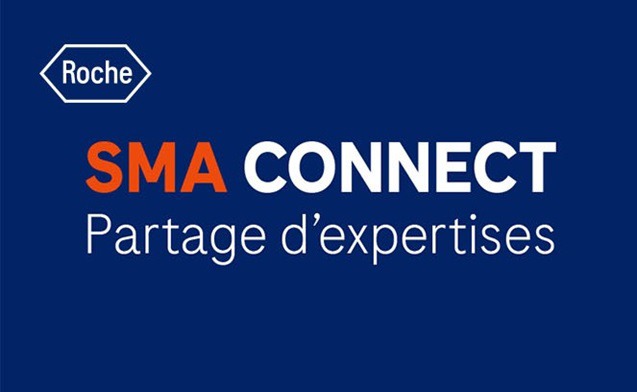 Image fond bleu marine avec écrit "SMA CONNECT Partage d'expertises" et le logo Roche en haut à gauche