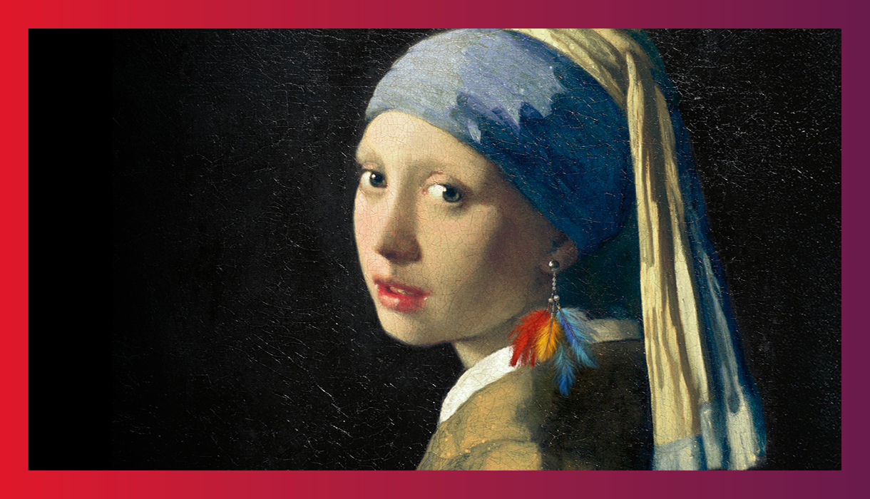 Gemälde "Das Mädchen mit dem Perlenohrring" von Vermeer, verfremdet durch Fotomontage mit einem modernen Ohrring  - file name: ✓ 