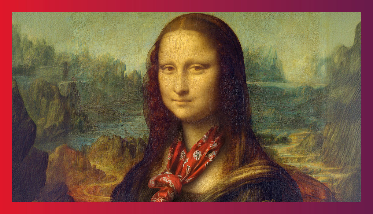 Gemälde "La Gioconda" (auch bekannt als "Mona Lise") von Da Vinci, verfremdet durch Fotomontage mit einem modernen Halstuch 