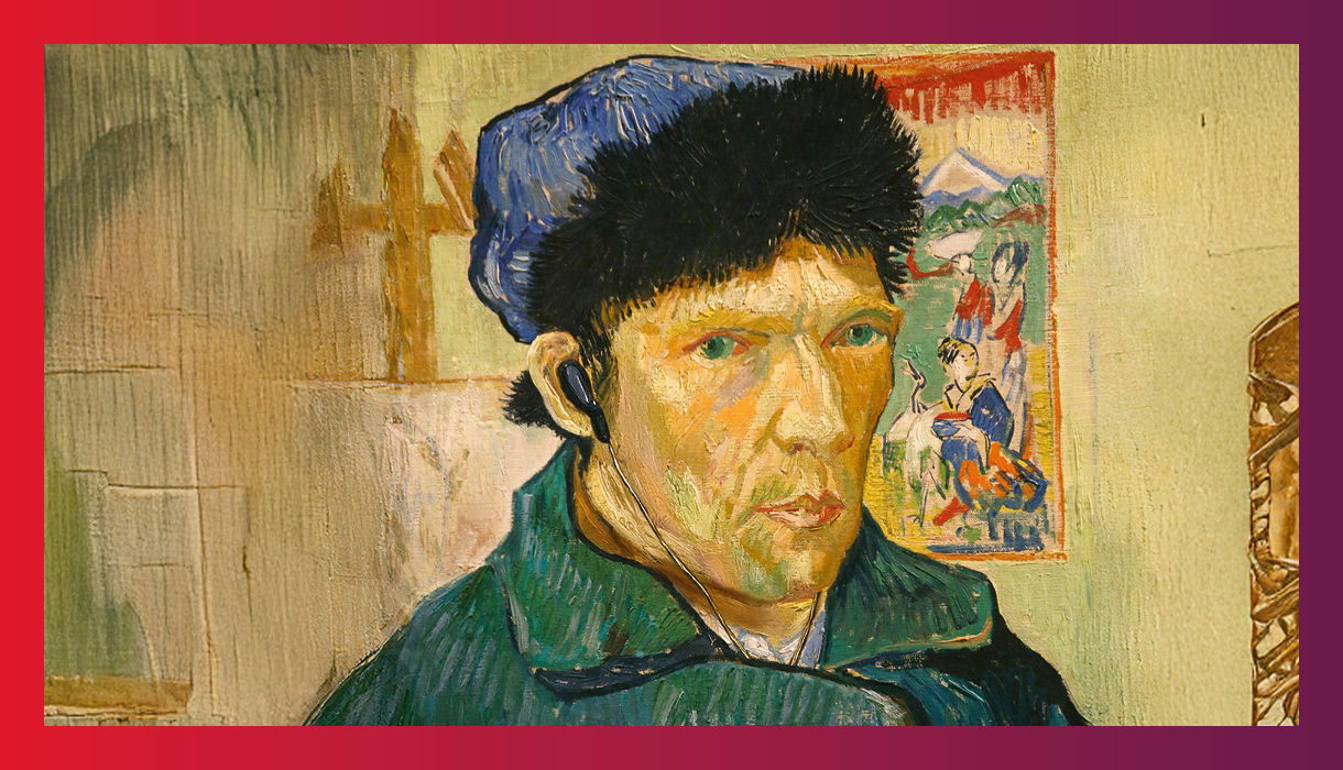 Gemälde "Selbstbildnis" von Vvan Gogh, verfremdet durch Fotomontage mit einem Earpod