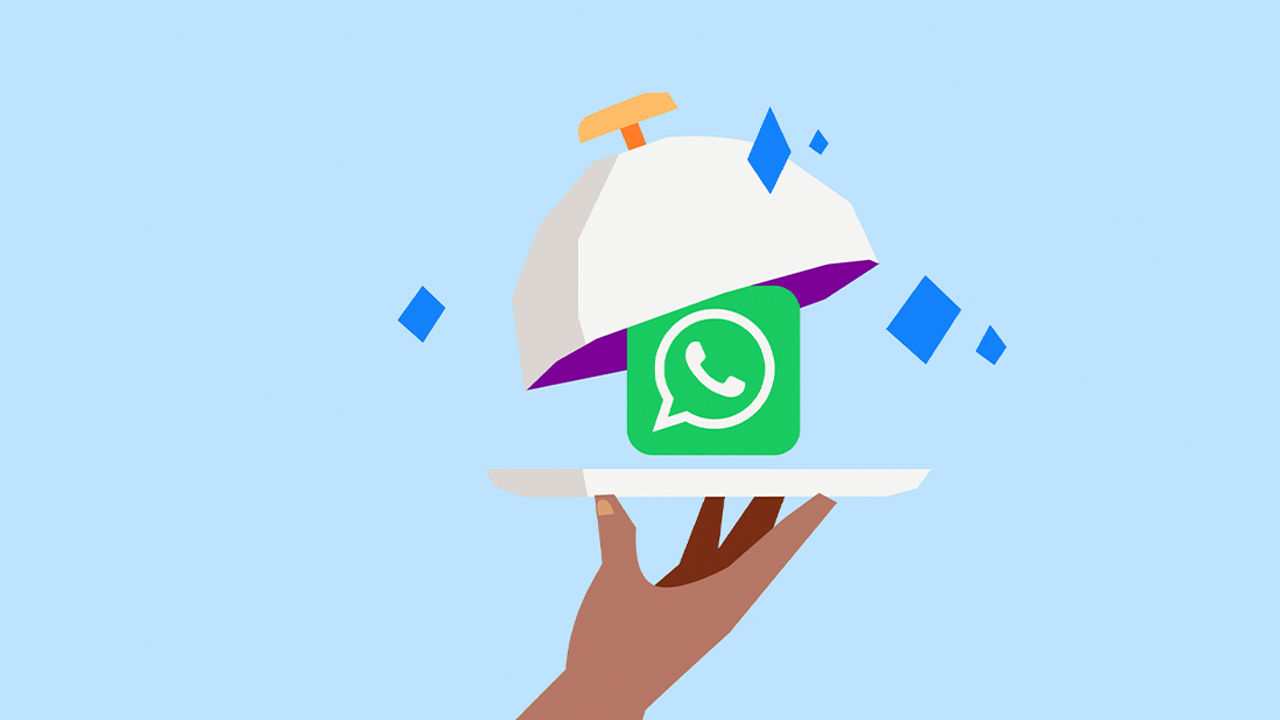 Illustration eines WhatsApp-Symbols auf einem Serviertablett unter einer geöffneten Servierhaube – Sinnbild für die Bereitstellung von Informationen und Services über WhatsApp.