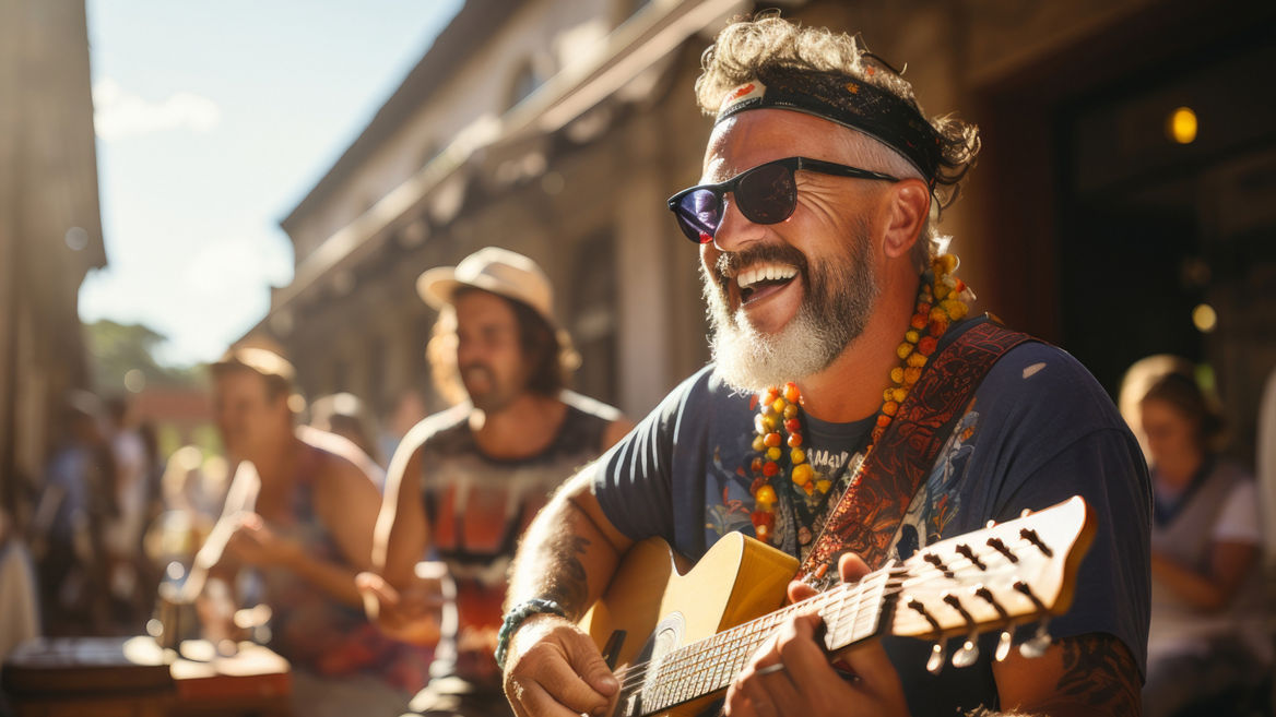 Cheerful street musicians performing in city park on sunny summer day. Performer playing a guitar. People gathering in the background. Generative AI.