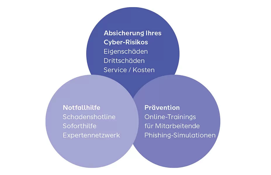 Infografiken zu den Bestandteilen der Cyberschutz-Versicherung für Unternehmen bei SIGNAL IDUNA