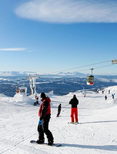 Skiers on the top of a piste