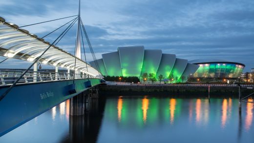 View of the Glasgow SEC Ardmadillo from Bell's Bridge over the River Clyde