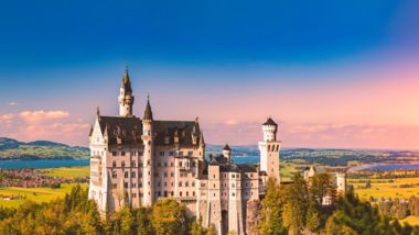 Beautiful view of world-famous Neuschwanstein Castle, the nineteenth-century Romanesque Revival palace built for King Ludwig II on a rugged cliff near Fussen, southwest Bavaria, Germany, Europe