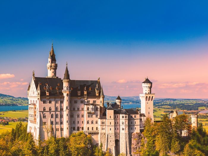 Beautiful view of world-famous Neuschwanstein Castle, the nineteenth-century Romanesque Revival palace built for King Ludwig II on a rugged cliff near Fussen, southwest Bavaria, Germany, Europe