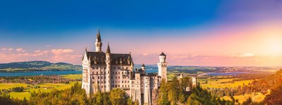 Beautiful view of world-famous Neuschwanstein Castle, the nineteenth-century Romanesque Revival palace built for King Ludwig II on a rugged cliff near Fussen, southwest Bavaria, Germany, Europe