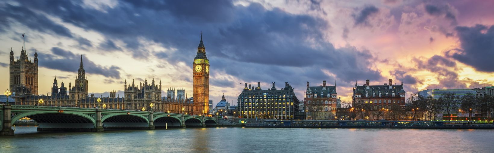 Panoramic view of Big Ben in London at sunset, UK. 