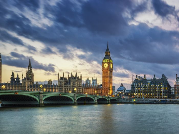 Panoramic view of Big Ben in London at sunset, UK. 