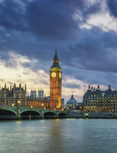 Panoramic view of Big Ben in London at sunset, UK. 