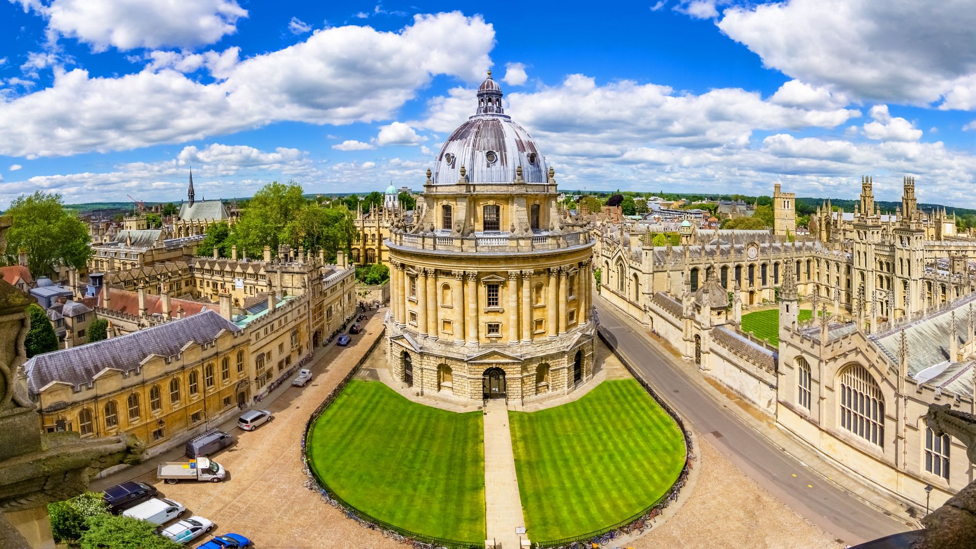 Streets of Oxford-landmark, England - overview from a church's tower with the Bodleian Libraryand All Souls College