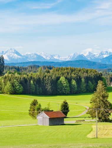 Allgäu, sarkanas jumta saimniecības ēkas plašā zaļā lauku un meža ainavā ar dramatisku fonu ar sniegotiem kalniem pie apvāršņa