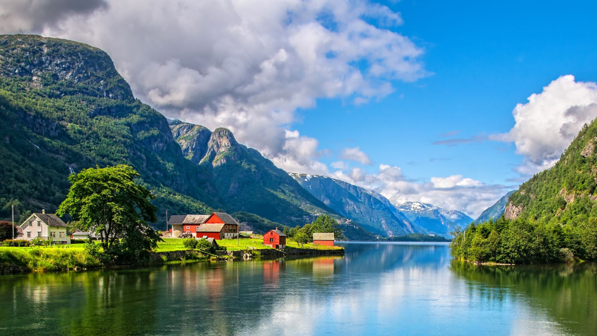 Amazing nature view with fjord and mountains. Beautiful reflection. Location: Scandinavian Mountains, Norway. Artistic picture. Beauty world. The feeling of complete freedom