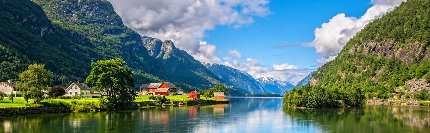 Amazing nature view with fjord and mountains. Beautiful reflection. Location: Scandinavian Mountains, Norway. Artistic picture. Beauty world. The feeling of complete freedom