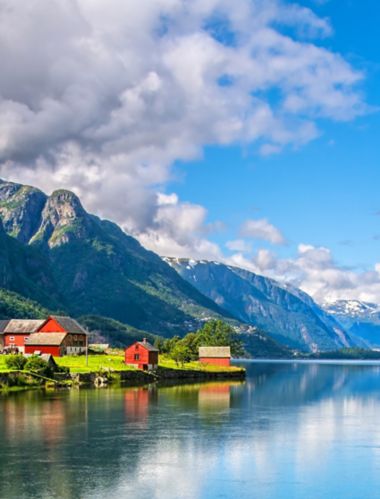Amazing nature view with fjord and mountains. Beautiful reflection. Location: Scandinavian Mountains, Norway. Artistic picture. Beauty world. The feeling of complete freedom