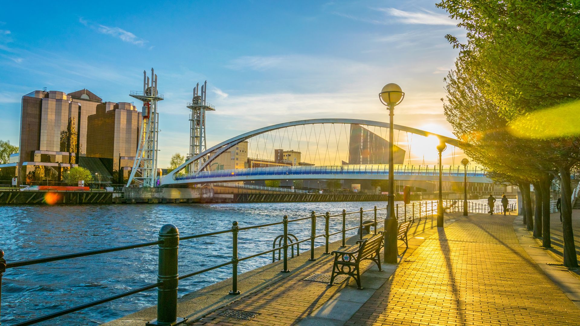 View of a footbridge in Salford quays in Manchester, England
