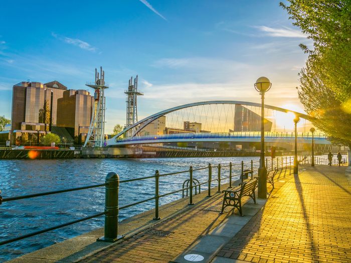 View of a footbridge in Salford quays in Manchester, England
