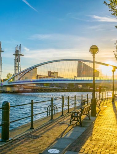 View of a footbridge in Salford quays in Manchester, England
