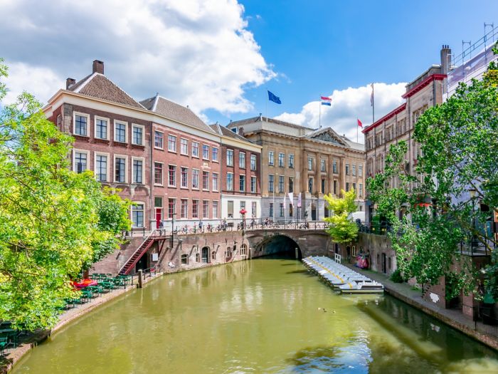 Utrecht architecture and two-level canals in summer, Netherlands