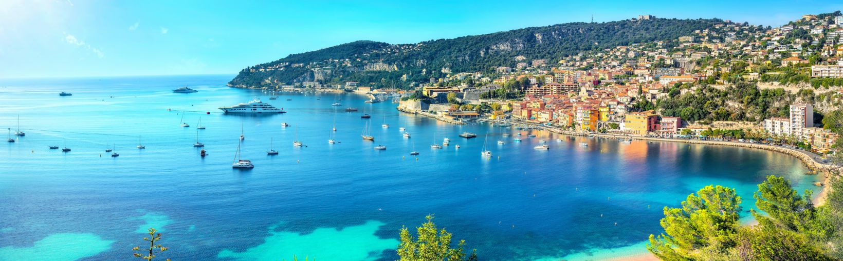 Panoramic view of bay Cote d'Azur and resort town Villefranche sur Mer. French riviera, France