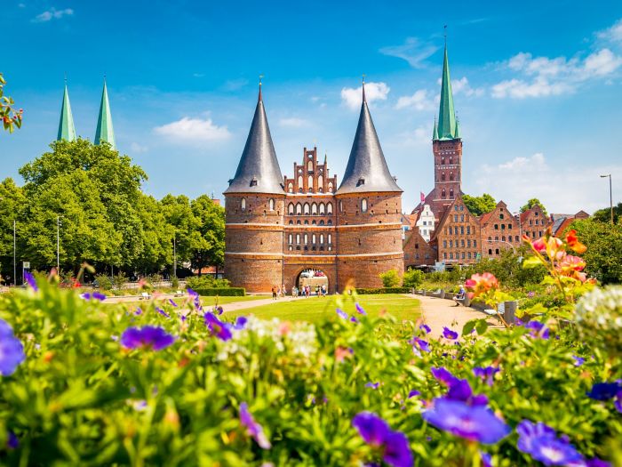 Historic town of Lübeck with famous Holstentor gate in summer, Schleswig-Holstein, northern Germany