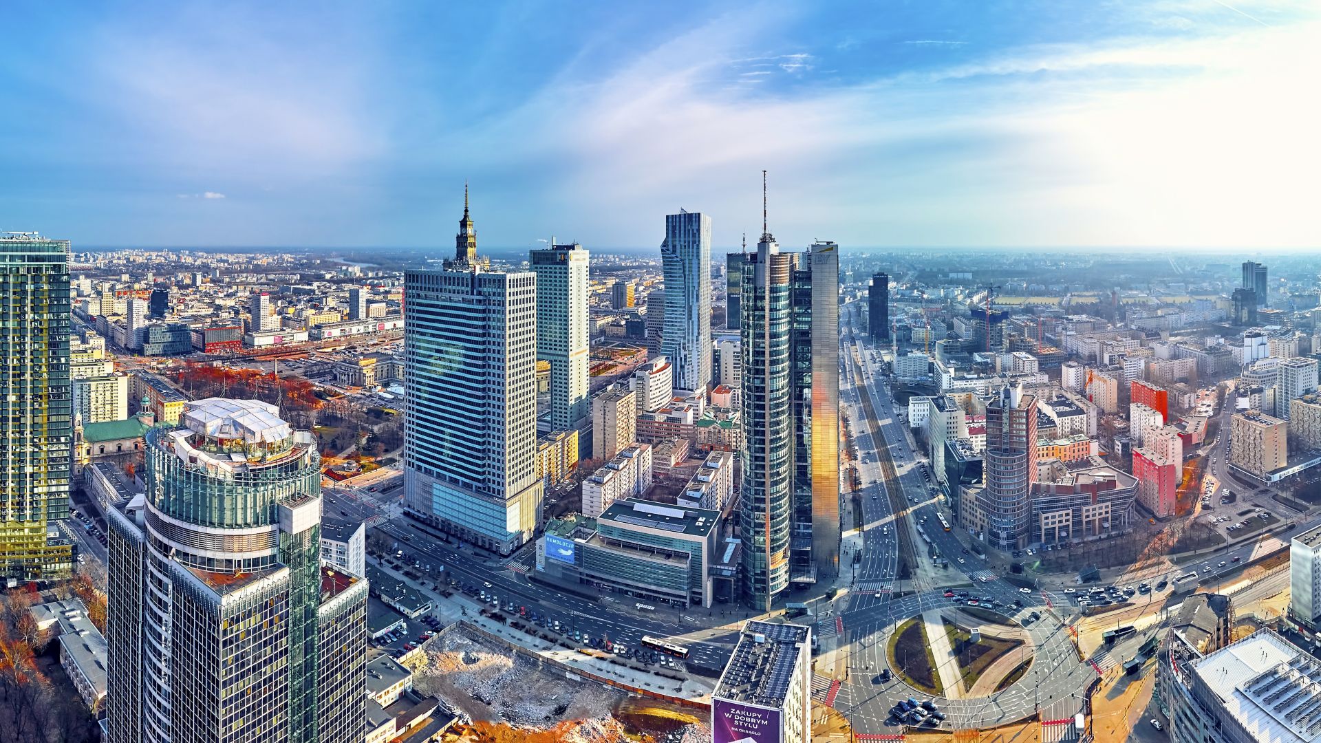 Beautiful panoramic aerial drone view of the modern city of Warsaw