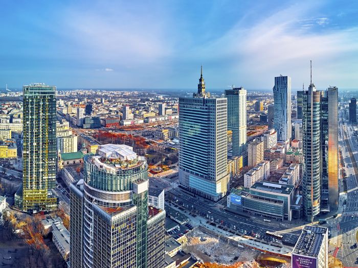 Beautiful panoramic aerial drone view of the modern city of Warsaw