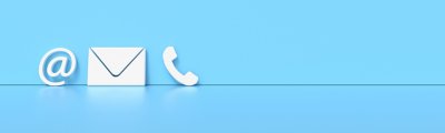 Contact icons for e-mail, mail and telephone on blue background