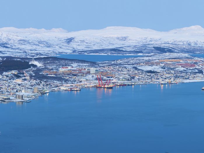 Panoramic view on Tromso, Norway, Tromso At Winter Time, Christmas in Tromso, Norway 
