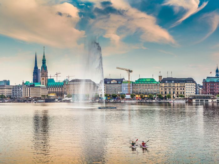 Binnenalster (Inner Alster Lake) panorama in Hamburg, Germany at sunset