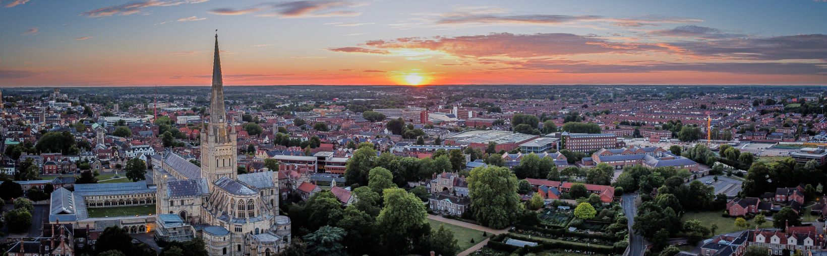 Norwich sunset over the city aerial view