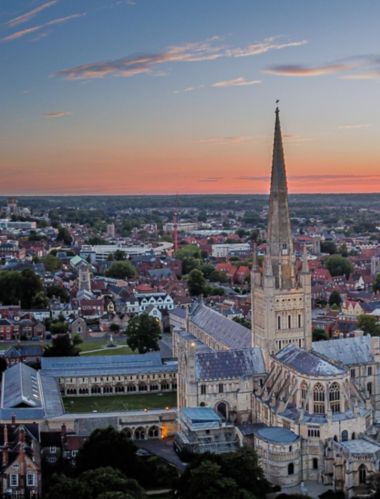 Norwich sunset over the city aerial view