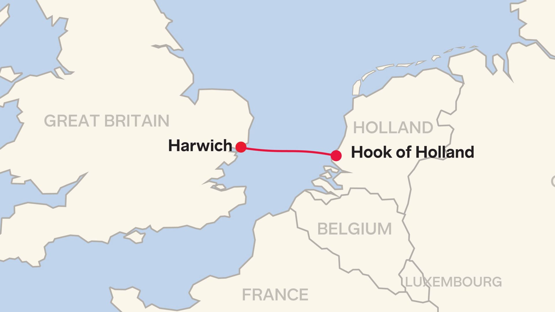 Mappa della rotta per Harwich - Hoek van Holland