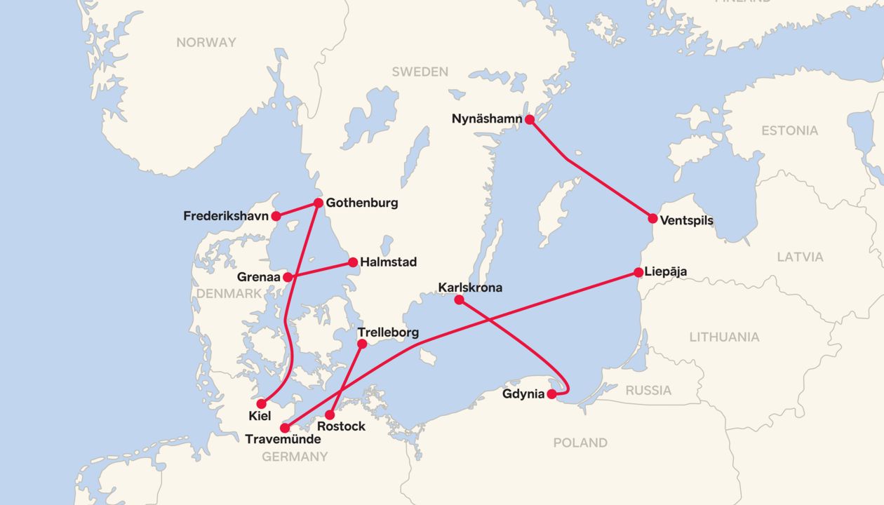 Mapa zobrazující trasy a přístavy do a z Dánska