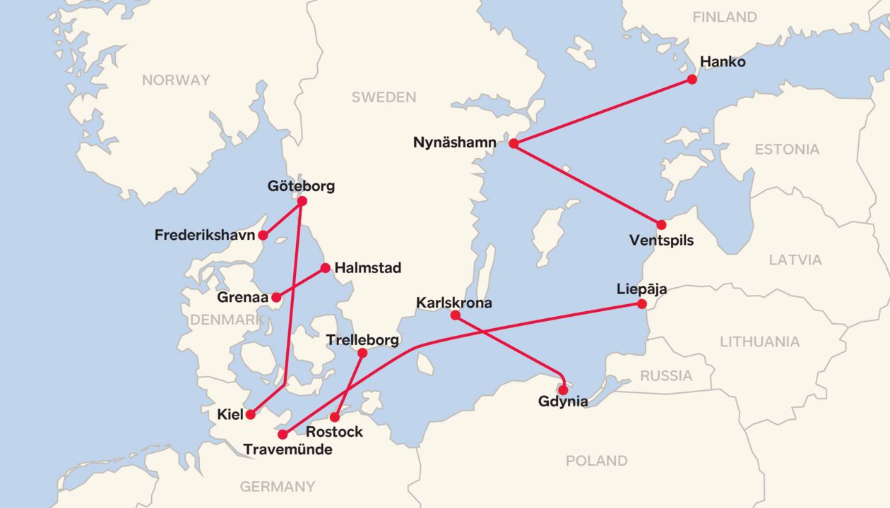Mapa que muestra rutas y puertos hacia y desde Finlandia