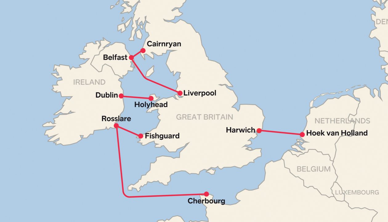 Mapa zobrazující trasy a přístavy do a z Irska